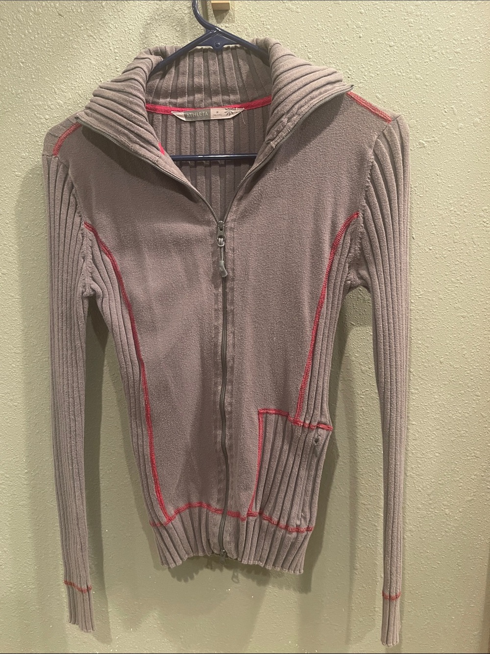 Athleta Taupe Zip Cardigan with Pink Contrast Stitching